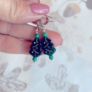 Handmade Christmas Earrings, Green Glass Tree